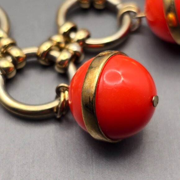 J. Crew Chunky Runway Orange Lucite Ball Bracelet 7" Gold Plated Rings Statement - Picture 6 of 9
